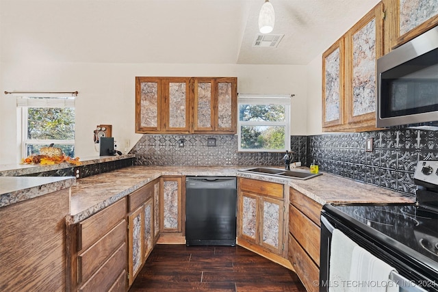 kitchen featuring appliances with stainless steel finishes, dark hardwood / wood-style floors, a healthy amount of sunlight, and sink