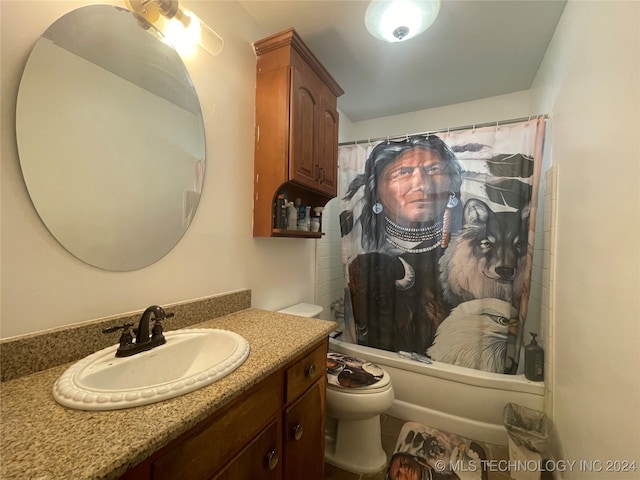 full bathroom featuring vanity, toilet, and shower / bathtub combination with curtain