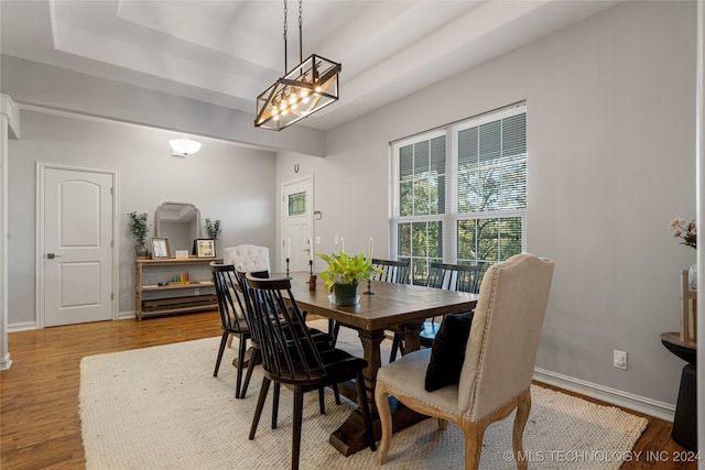 dining space featuring light hardwood / wood-style floors and a raised ceiling