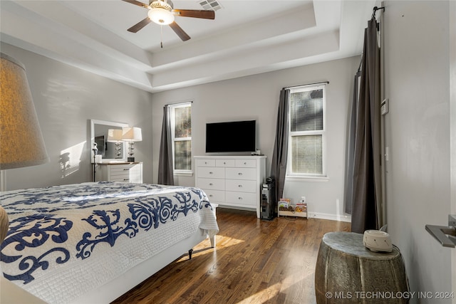 bedroom with multiple windows, dark hardwood / wood-style floors, ceiling fan, and a tray ceiling