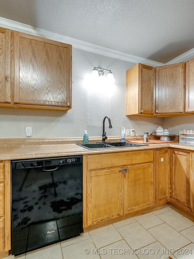 kitchen featuring sink, ornamental molding, a textured ceiling, and black dishwasher