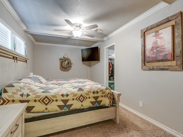 carpeted bedroom with a walk in closet, a textured ceiling, ceiling fan, crown molding, and a closet