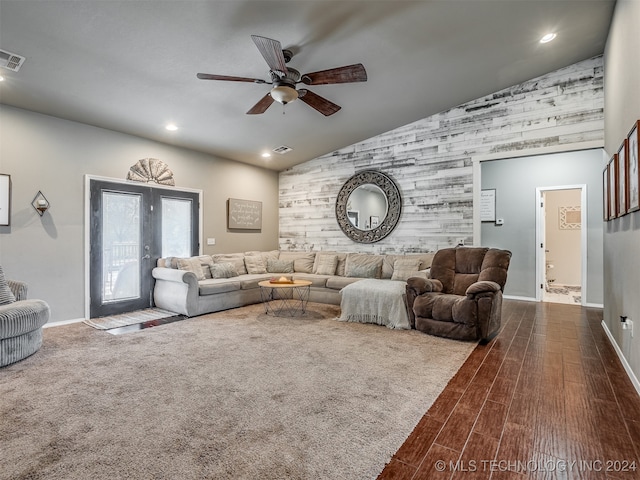 living room featuring french doors, high vaulted ceiling, ceiling fan, and dark wood-type flooring