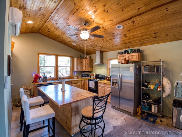 kitchen with appliances with stainless steel finishes, sink, wall chimney range hood, wooden ceiling, and lofted ceiling