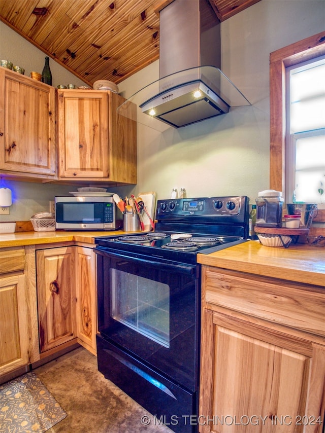 kitchen featuring black electric range, wall chimney exhaust hood, wood ceiling, and lofted ceiling