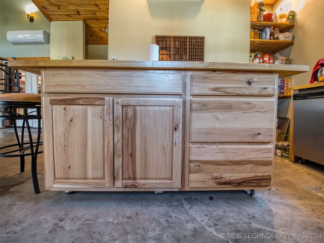 kitchen with light brown cabinetry, a kitchen breakfast bar, a wall unit AC, wooden ceiling, and dishwasher