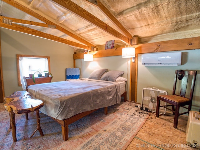 bedroom featuring vaulted ceiling with beams, billiards, and a wall unit AC