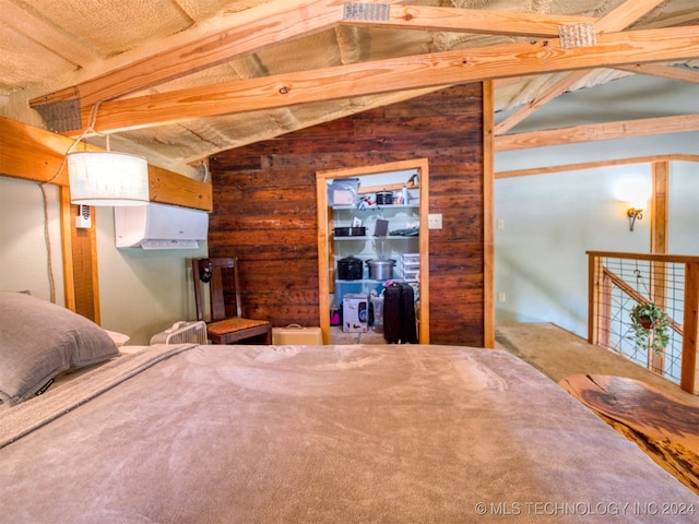 unfurnished bedroom with vaulted ceiling with beams and wood walls