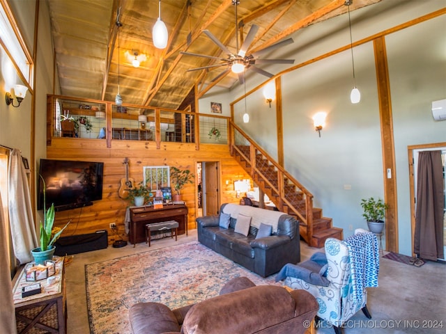 living room with beam ceiling, ceiling fan, high vaulted ceiling, and wood ceiling