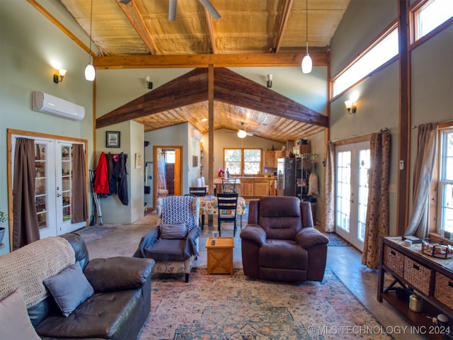 living room with french doors, an AC wall unit, wooden ceiling, and beam ceiling