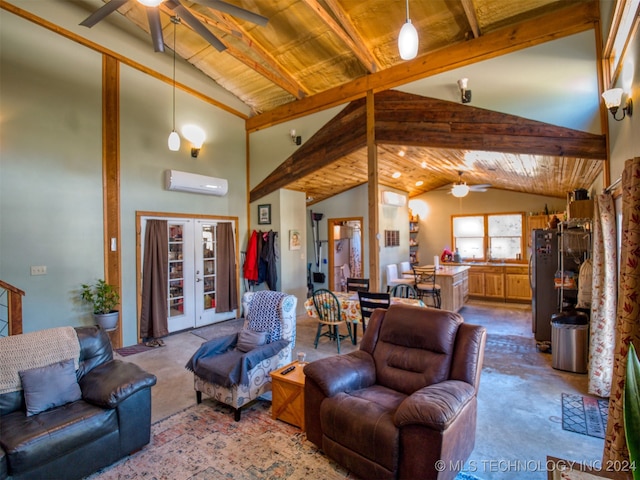 carpeted living room featuring beamed ceiling, wooden ceiling, french doors, and a wall mounted AC