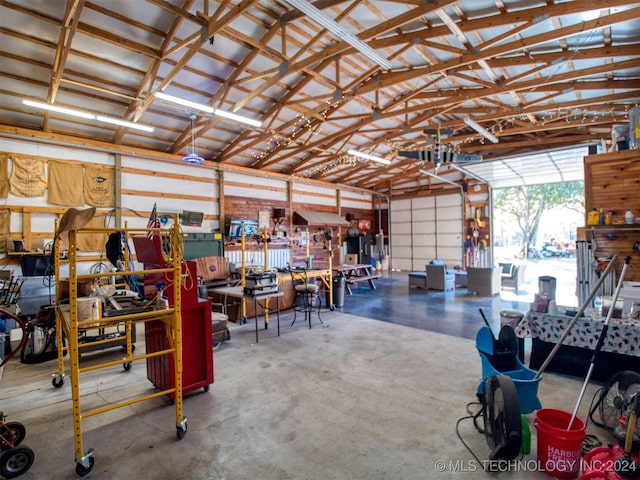 garage with a workshop area