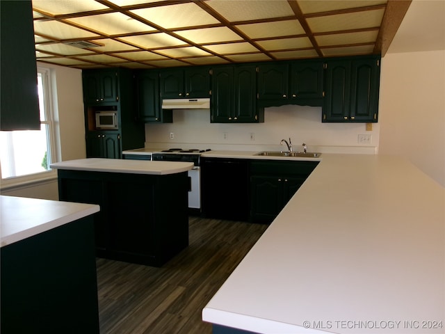 kitchen with green cabinets, sink, dark hardwood / wood-style floors, black dishwasher, and white range oven