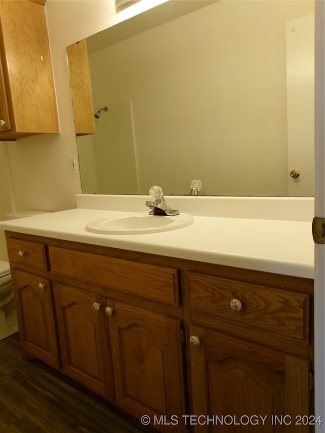 bathroom featuring hardwood / wood-style floors, vanity, and toilet