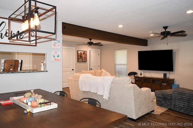 living room featuring beam ceiling, ceiling fan, and dark hardwood / wood-style flooring