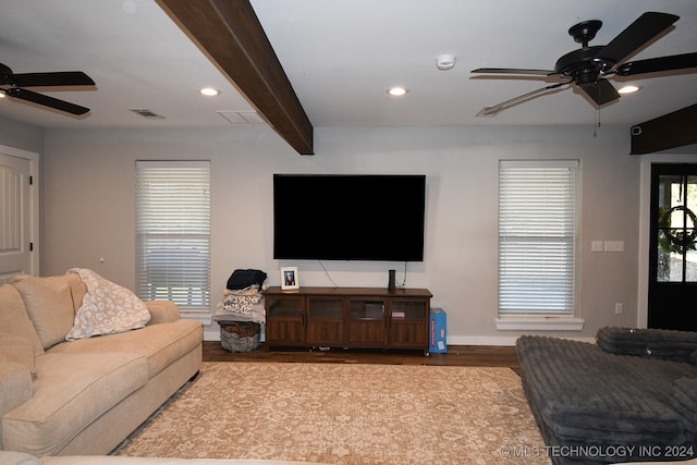 living room featuring beam ceiling, ceiling fan, light hardwood / wood-style flooring, and a wealth of natural light