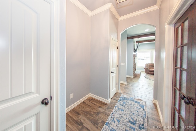 corridor with crown molding and wood-type flooring