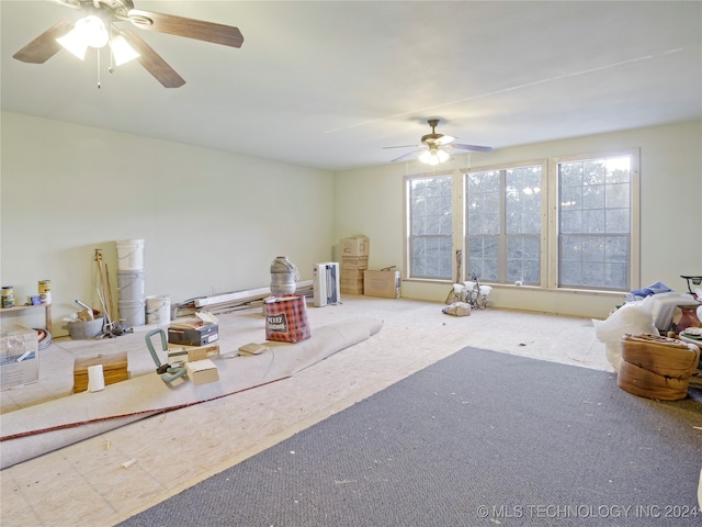 game room featuring carpet and ceiling fan