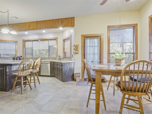 dining space with ceiling fan and a healthy amount of sunlight