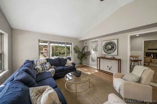 living room with hardwood / wood-style flooring and high vaulted ceiling