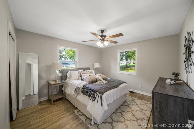 bedroom featuring ceiling fan and dark wood-type flooring