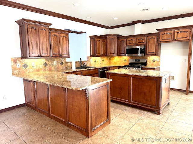 kitchen with sink, ornamental molding, light stone counters, kitchen peninsula, and stainless steel appliances