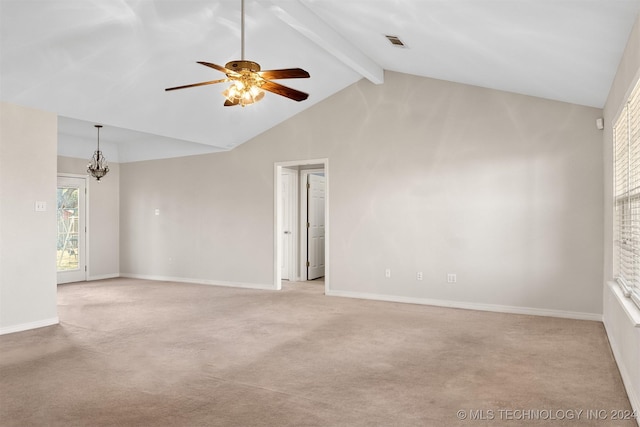 carpeted spare room with beam ceiling, ceiling fan with notable chandelier, and high vaulted ceiling