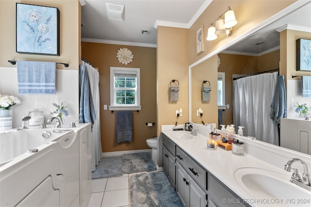 bathroom with tile patterned flooring, a bath, crown molding, toilet, and vanity