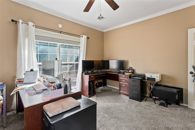 office space featuring light carpet, crown molding, and ceiling fan