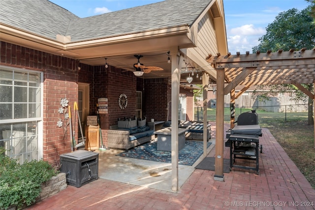 view of patio featuring outdoor lounge area, a pergola, and ceiling fan