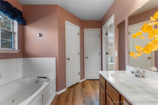 bathroom with hardwood / wood-style floors, plenty of natural light, vanity, and a washtub