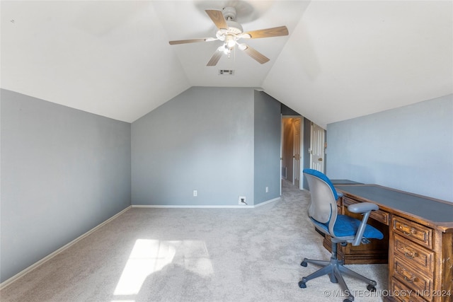 office space with ceiling fan, light colored carpet, and vaulted ceiling