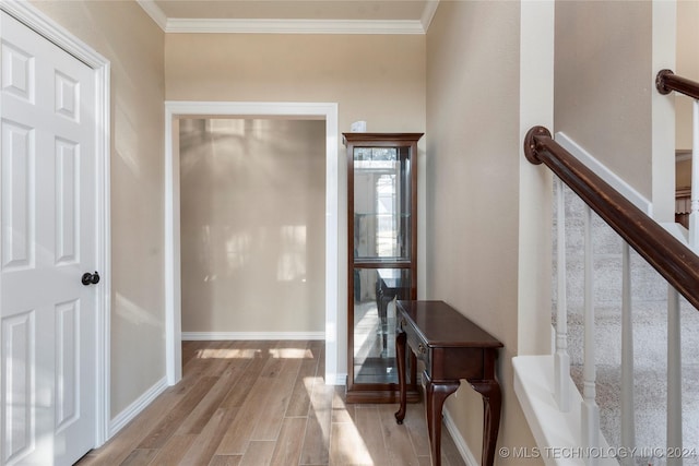 foyer entrance with light hardwood / wood-style floors and ornamental molding