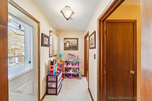 doorway with a healthy amount of sunlight and light colored carpet