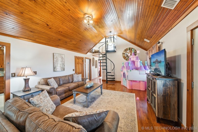 living room with dark wood-type flooring, vaulted ceiling, and wooden ceiling