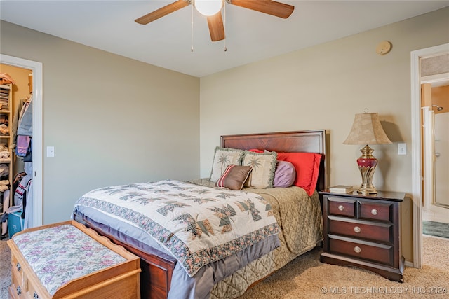 bedroom featuring a spacious closet, light colored carpet, ceiling fan, and a closet