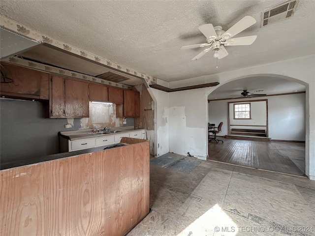 kitchen with ceiling fan, sink, light hardwood / wood-style floors, and a textured ceiling