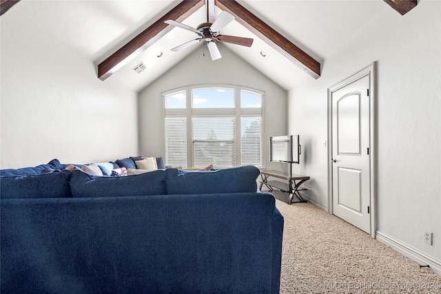 living room featuring lofted ceiling with beams, light colored carpet, and ceiling fan