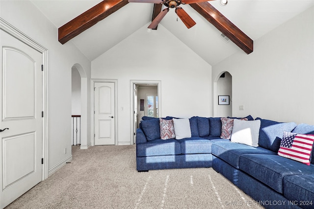 living room featuring beam ceiling, light carpet, ceiling fan, and high vaulted ceiling