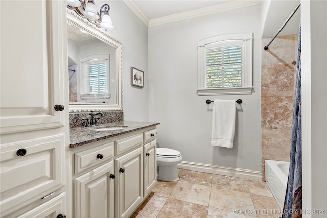 full bathroom featuring crown molding, vanity, shower / tub combo, and toilet