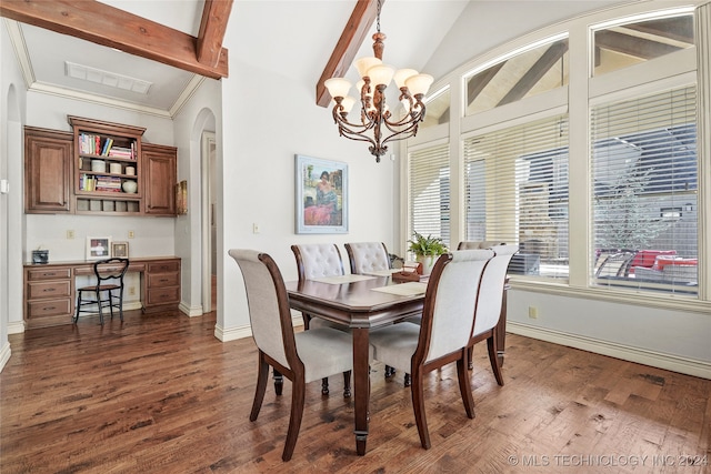 dining room with vaulted ceiling with beams, crown molding, dark hardwood / wood-style flooring, and a chandelier