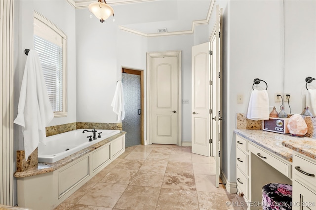 bathroom featuring a tub to relax in, vanity, and ornamental molding