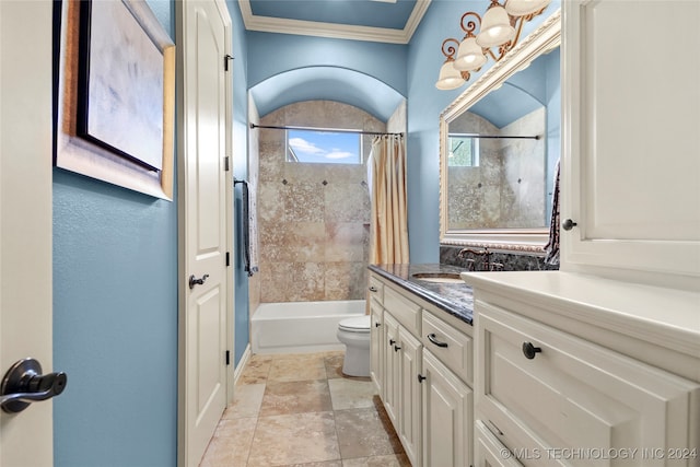 full bathroom featuring vanity, crown molding, shower / bathtub combination with curtain, and toilet