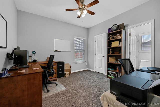 home office featuring carpet and ceiling fan