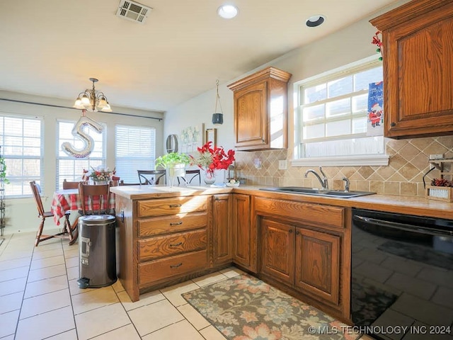 kitchen with dishwasher, pendant lighting, kitchen peninsula, and sink