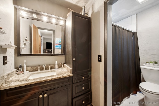 bathroom featuring walk in shower, vanity, and toilet