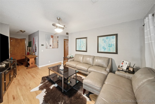 living room with light hardwood / wood-style floors and a textured ceiling