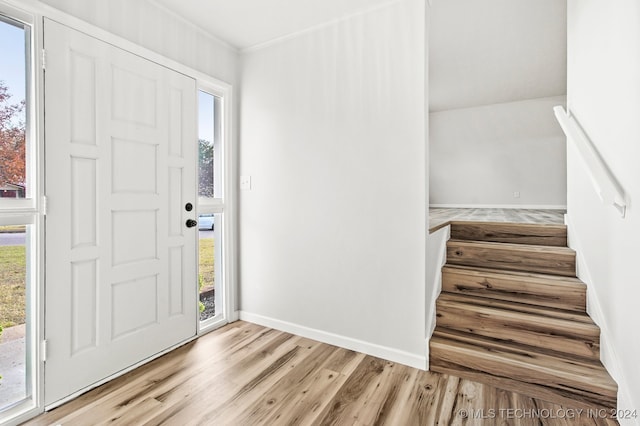 entryway featuring a healthy amount of sunlight, light wood-type flooring, and crown molding