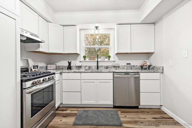 kitchen with white cabinets, sink, stainless steel appliances, and exhaust hood