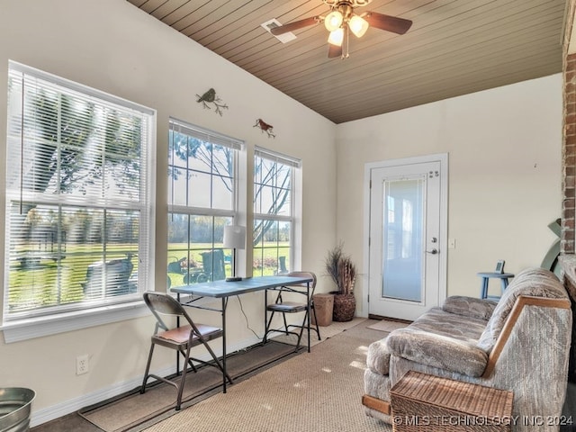 interior space featuring ceiling fan and wood ceiling